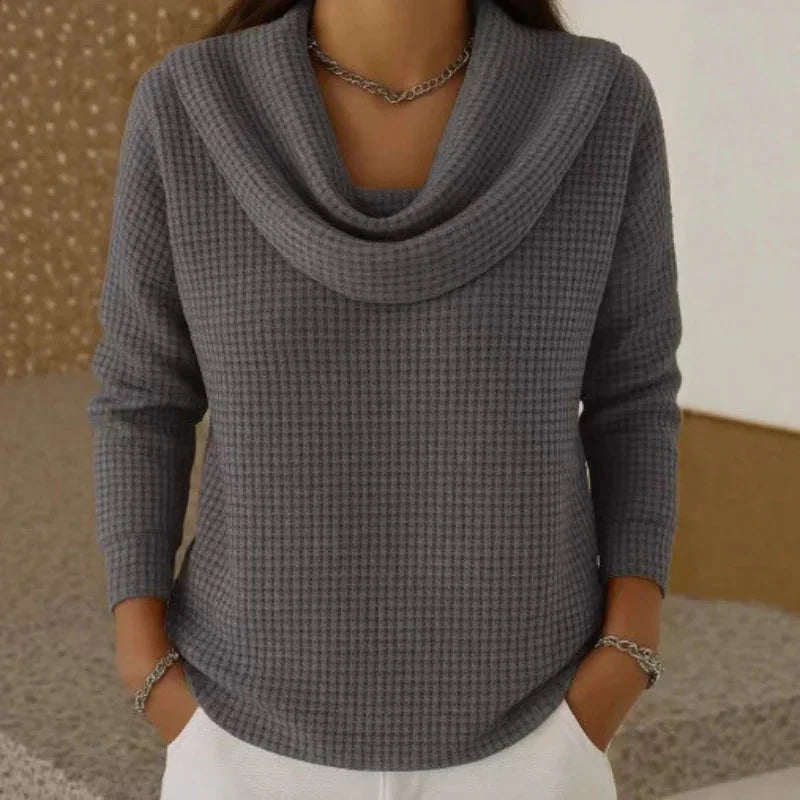 Women's knit cowl neck winter sweater with waffle texture - Blue