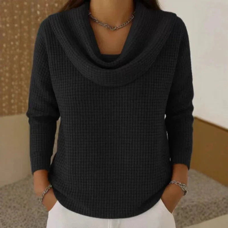 Women's knit cowl neck winter sweater with waffle texture - Blue