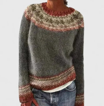 Women's knit crew neck winter fair isle sweater with pattern yoke - Dark Gray