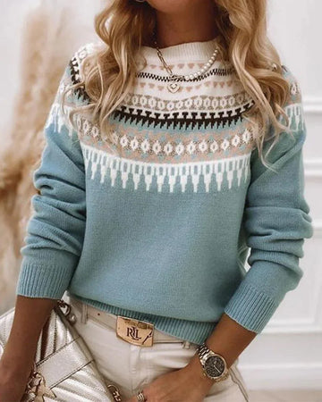 Women's knit crew neck winter fair isle sweater with yoke pattern