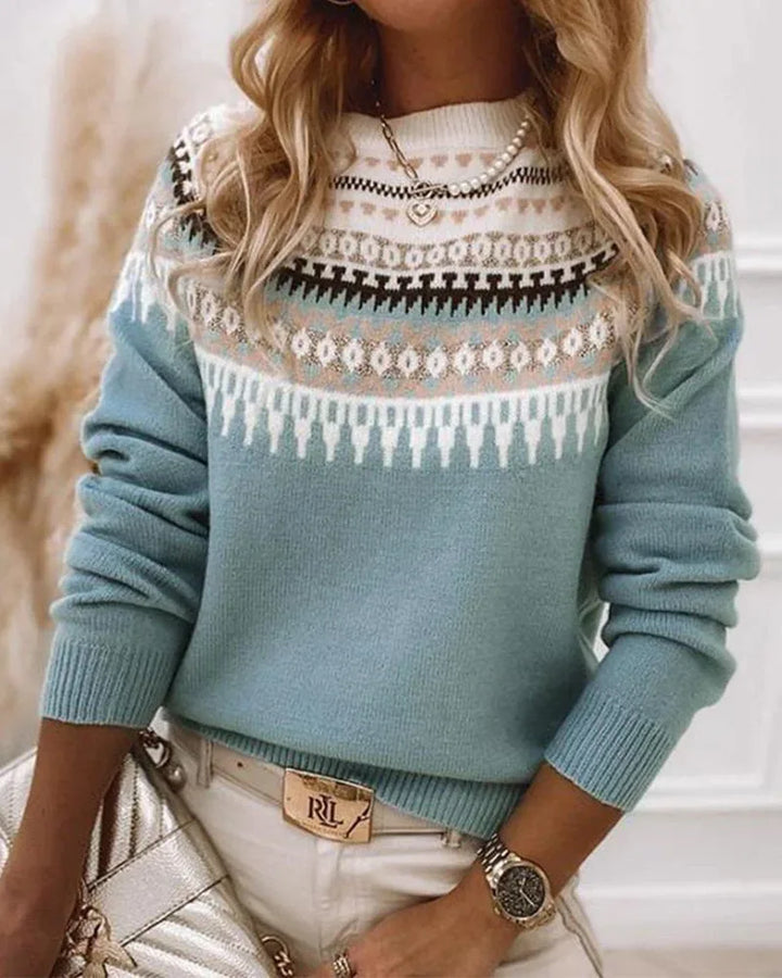 Women's knit crew neck winter fair isle sweater with yoke pattern