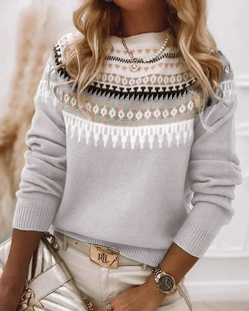 Women's knit crew neck winter fair isle sweater with yoke pattern
