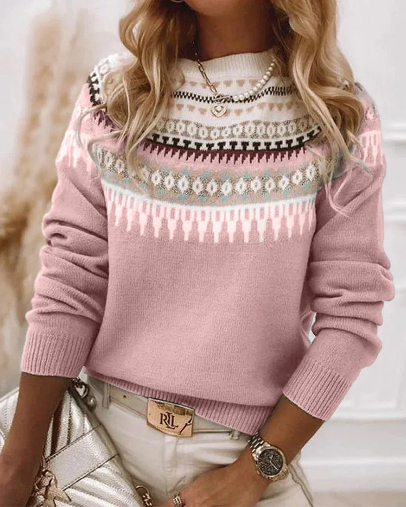 Women's knit crew neck winter fair isle sweater with yoke pattern