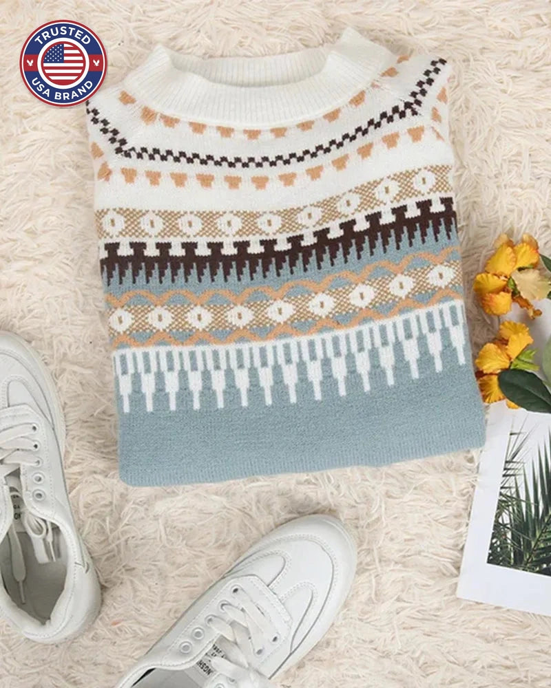 Women's knit crew neck winter fair isle sweater with yoke pattern