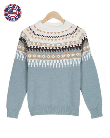 Women's knit crew neck winter fair isle sweater with yoke pattern