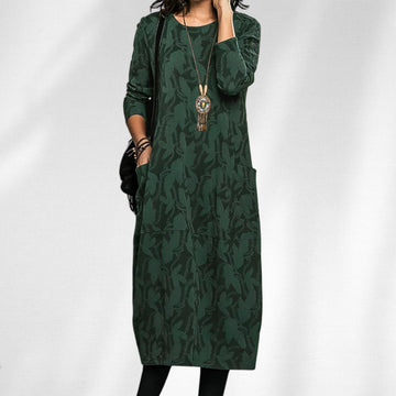 Women's knit crew neck winter midi dress with all-over leaf pattern