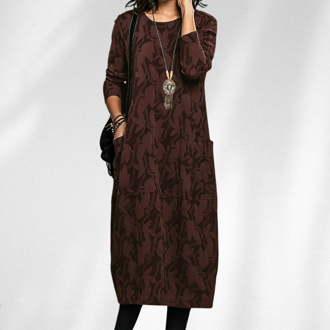 Women's knit crew neck winter midi dress with all-over leaf pattern