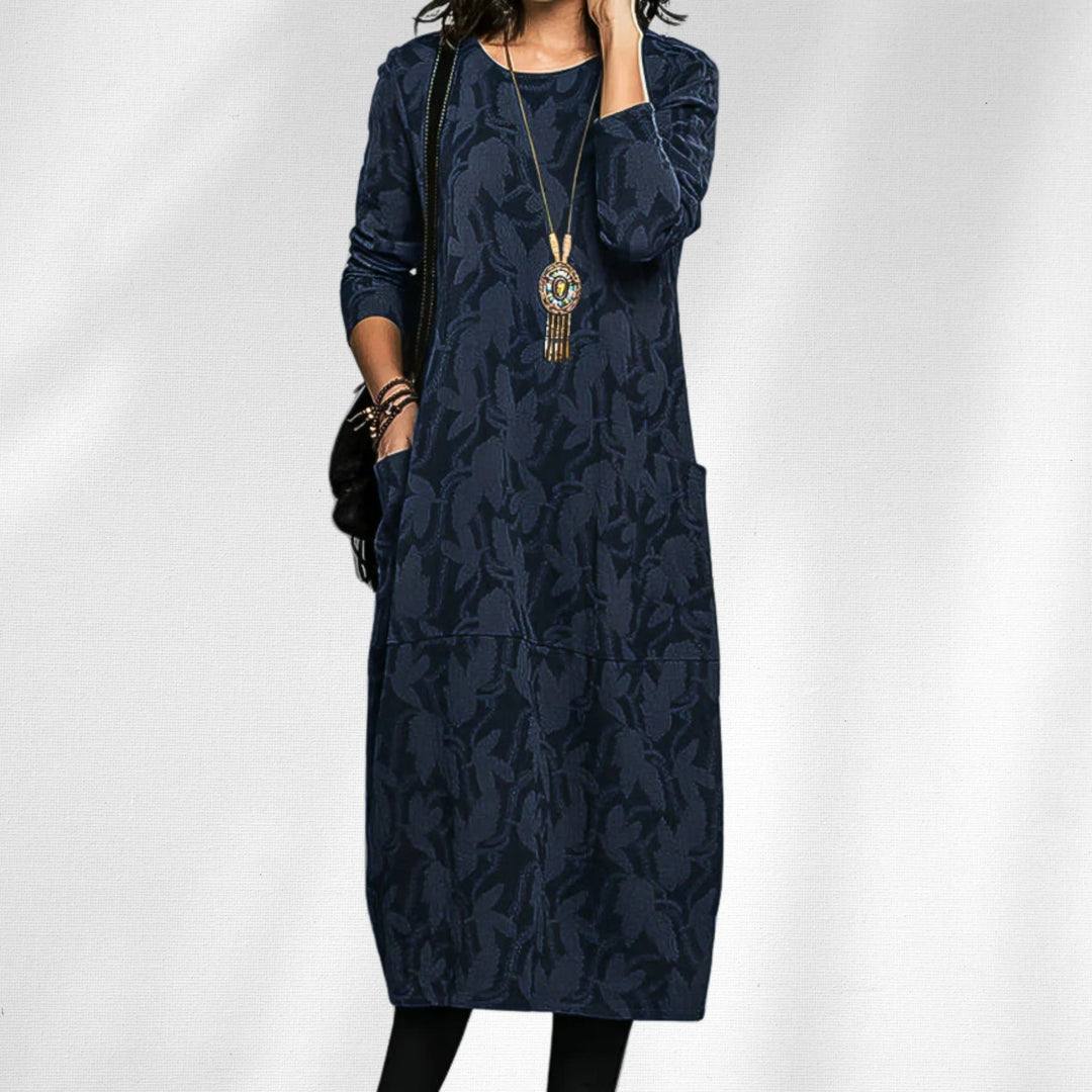 Women's knit crew neck winter midi dress with all-over leaf pattern