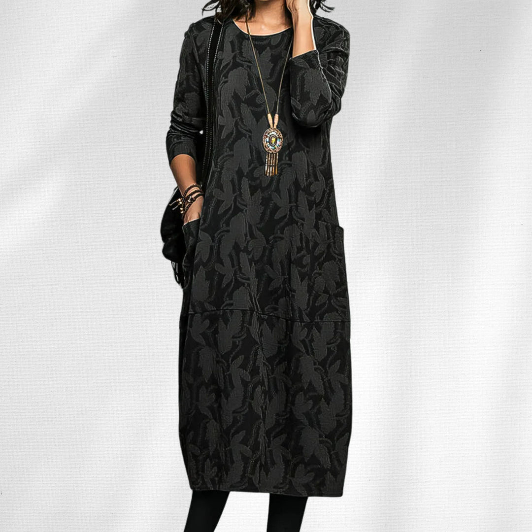 Women's knit crew neck winter midi dress with all-over leaf pattern