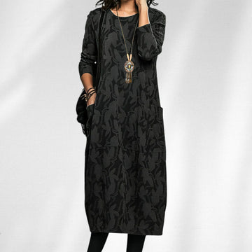 Women's knit crew neck winter midi dress with all-over leaf pattern