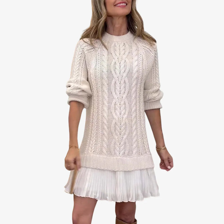 Women's knit crew neck winter sweater dress with cable pattern