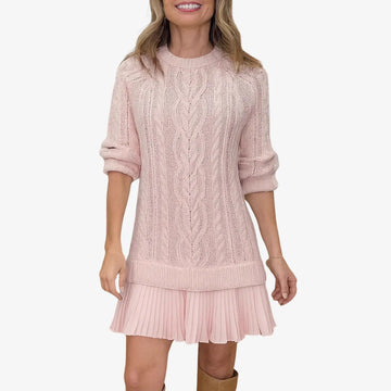 Women's knit crew neck winter sweater dress with cable pattern