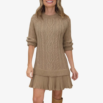 Women's knit crew neck winter sweater dress with cable pattern