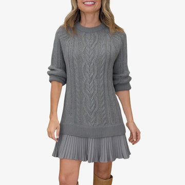 Women's knit crew neck winter sweater dress with cable pattern