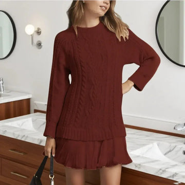 Women's knit crew neck winter sweater dress with cable pattern