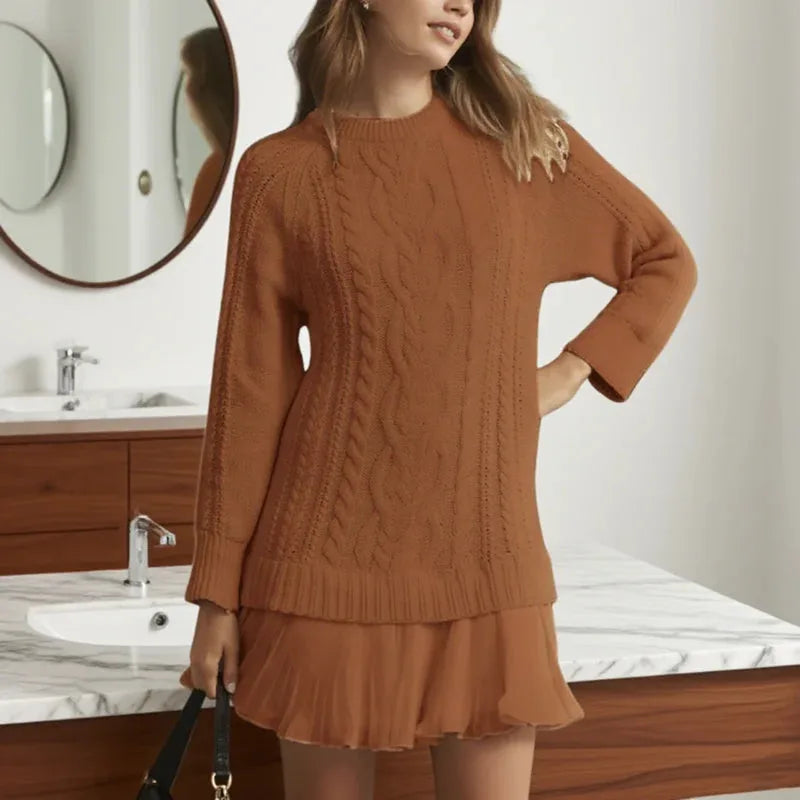Women's knit crew neck winter sweater dress with cable pattern