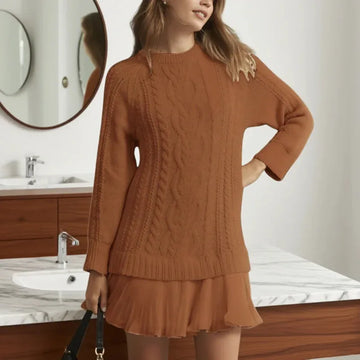 Women's knit crew neck winter sweater dress with cable pattern