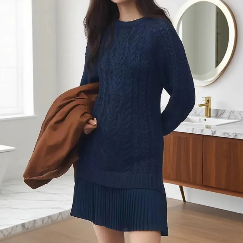 Women's knit crew neck winter sweater dress with cable pattern