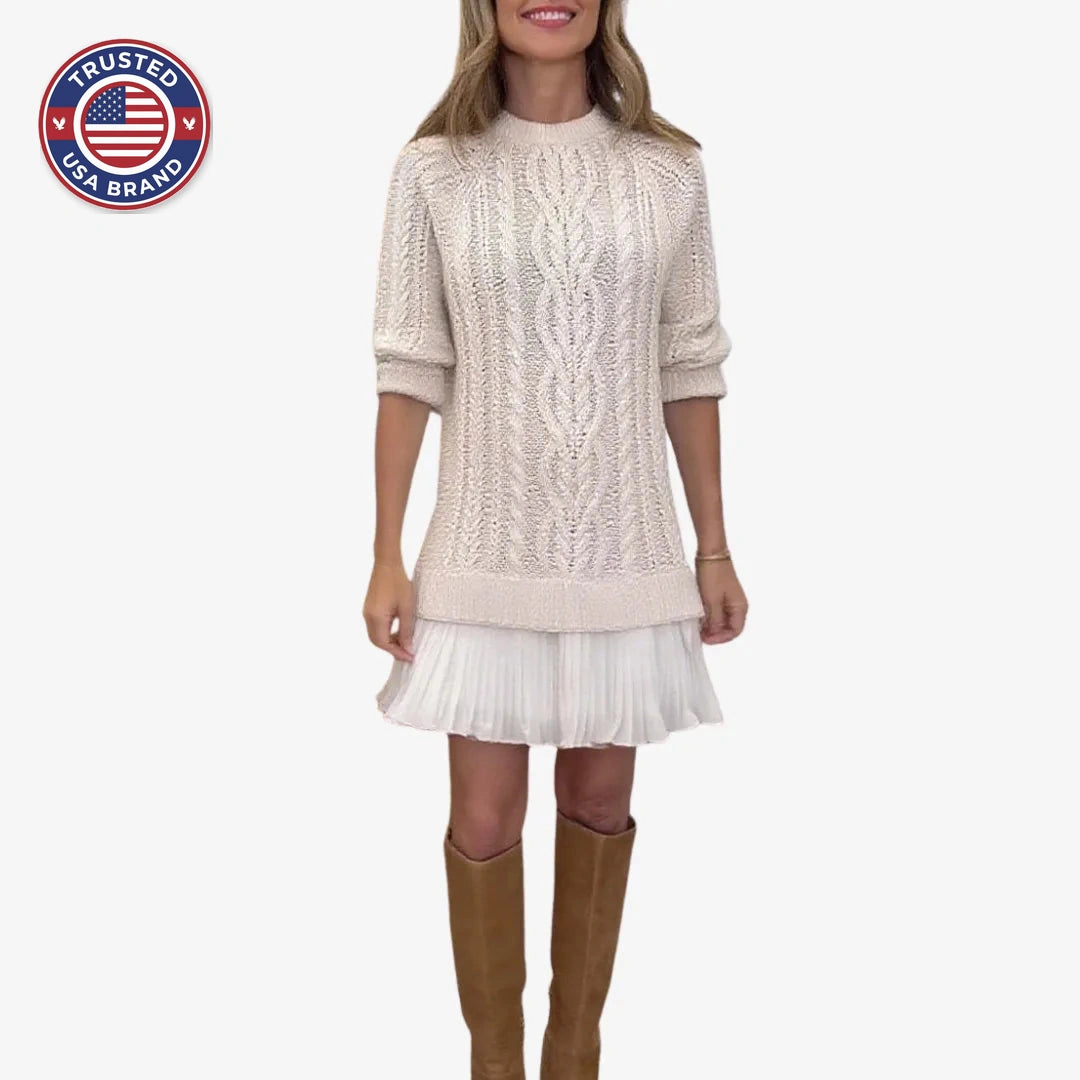Women's knit crew neck winter sweater dress with cable pattern