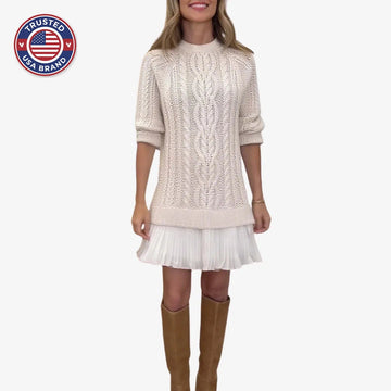 Women's knit crew neck winter sweater dress with cable pattern