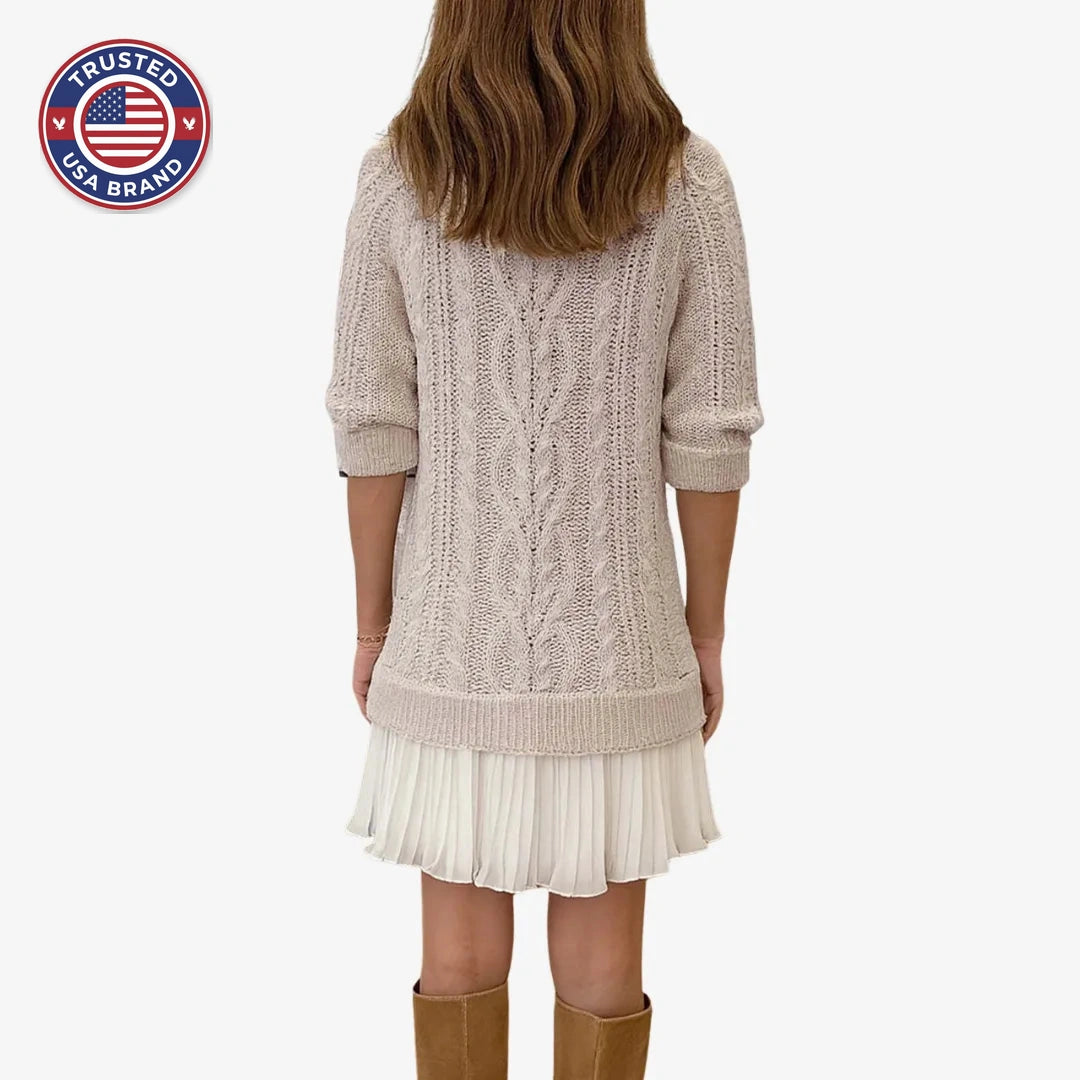 Women's knit crew neck winter sweater dress with cable pattern