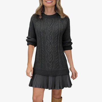 Women's knit crew neck winter sweater dress with cable pattern