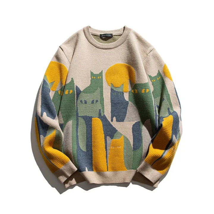 Women's knit crew neck winter sweater with abstract cat and moon graphic