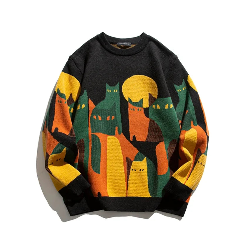 Women's knit crew neck winter sweater with abstract cat and moon graphic