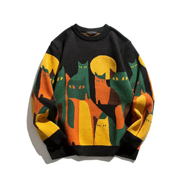 Women's knit crew neck winter sweater with abstract cat and moon graphic