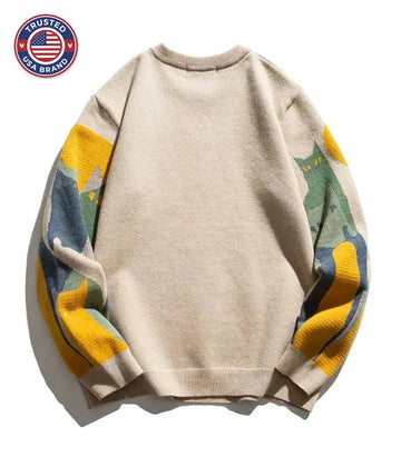 Women's knit crew neck winter sweater with abstract cat and moon graphic