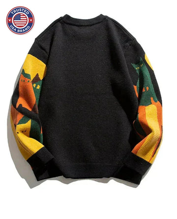 Women's knit crew neck winter sweater with abstract cat and moon graphic