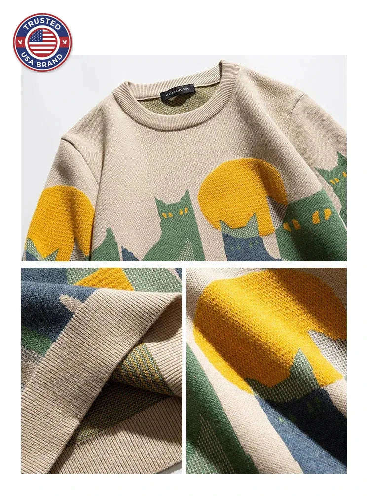 Women's knit crew neck winter sweater with abstract cat and moon graphic