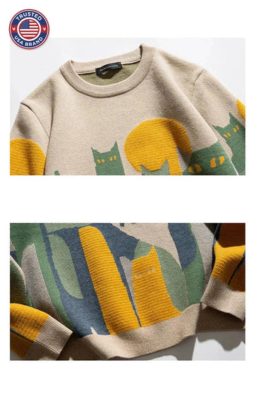 Women's knit crew neck winter sweater with abstract cat and moon graphic