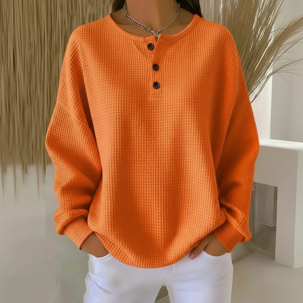Women's knit crew neck winter sweater with button placket