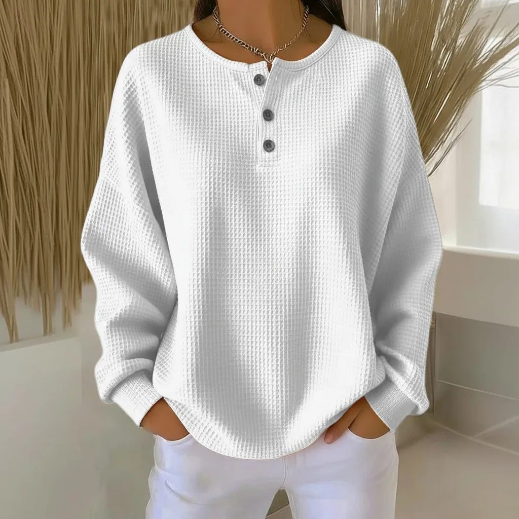 Women's knit crew neck winter sweater with button placket