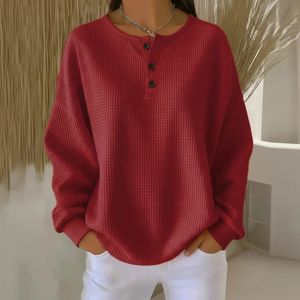 Women's knit crew neck winter sweater with button placket