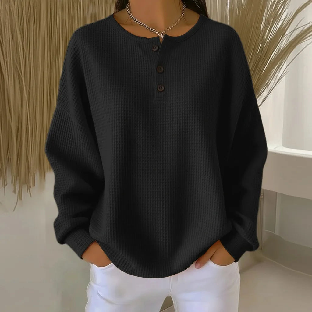 Women's knit crew neck winter sweater with button placket