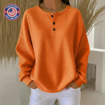 Women's knit crew neck winter sweater with button placket