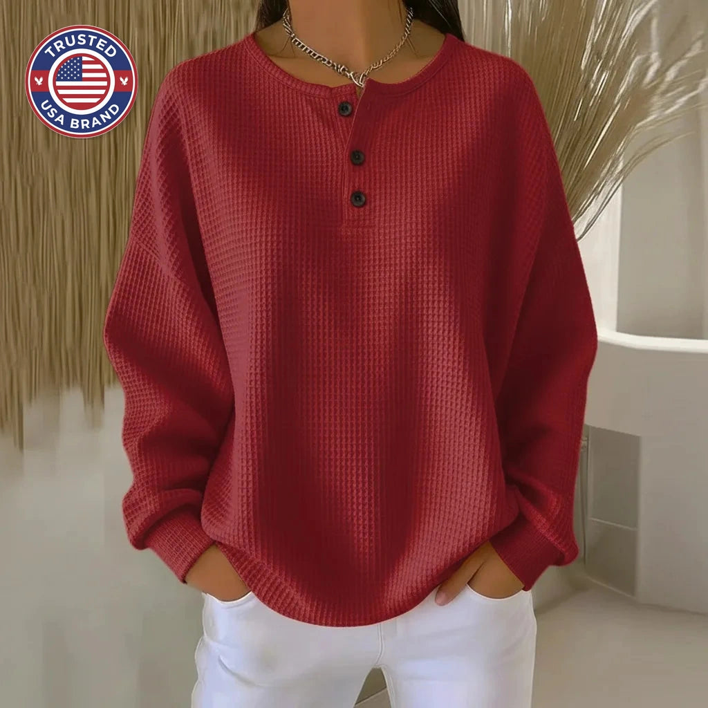 Women's knit crew neck winter sweater with button placket
