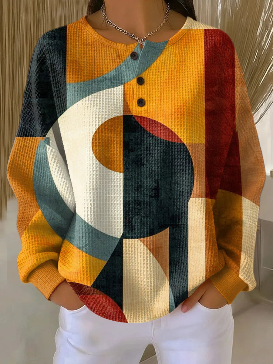 Women's knit crew neck winter sweater with button placket in yellow