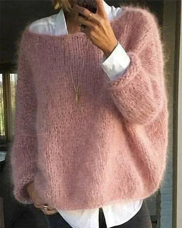 Women's knit crew neck winter sweater with fuzzy texture