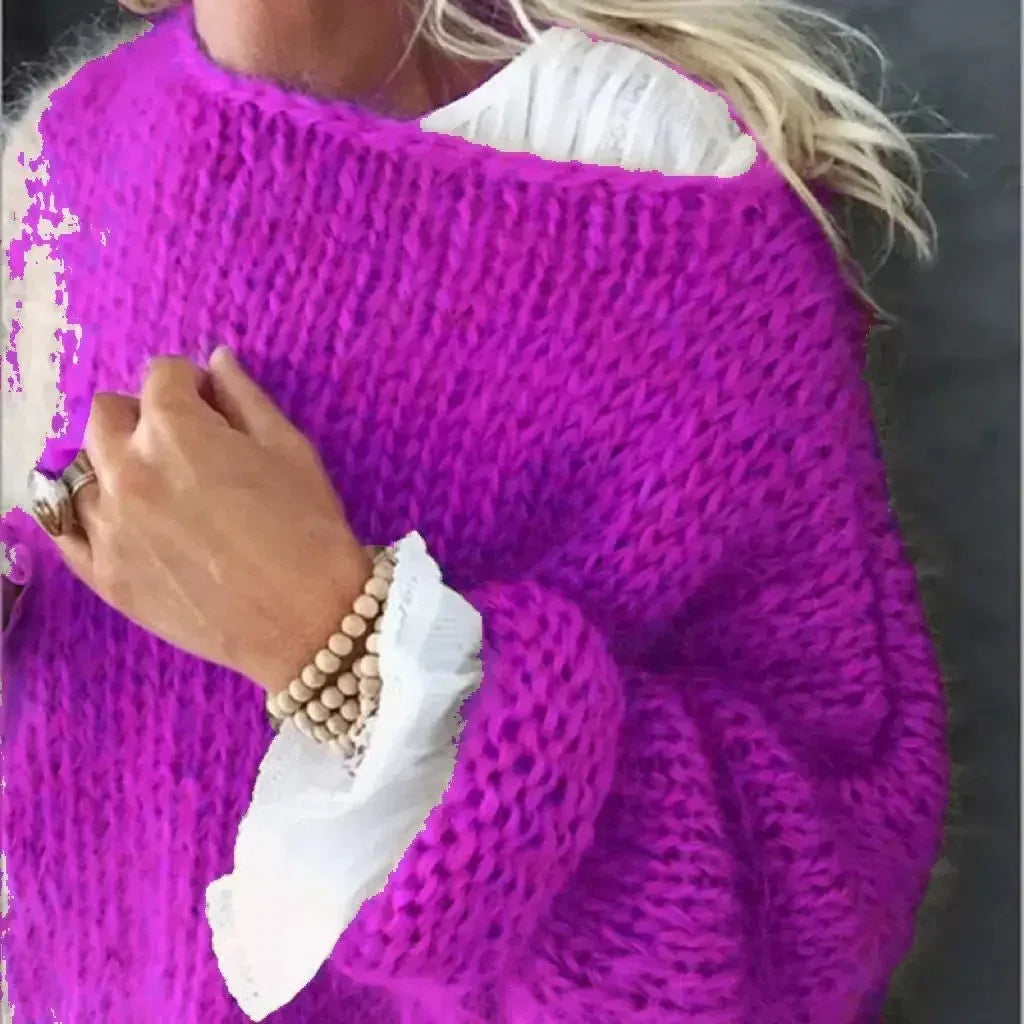 Women's knit crew neck winter sweater with fuzzy texture