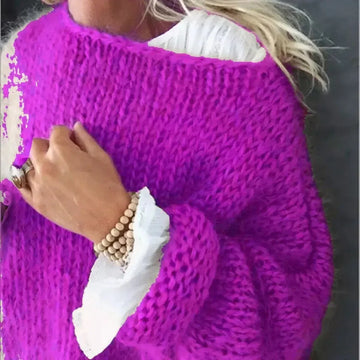 Women's knit crew neck winter sweater with fuzzy texture