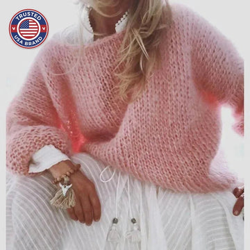Women's knit crew neck winter sweater with fuzzy texture