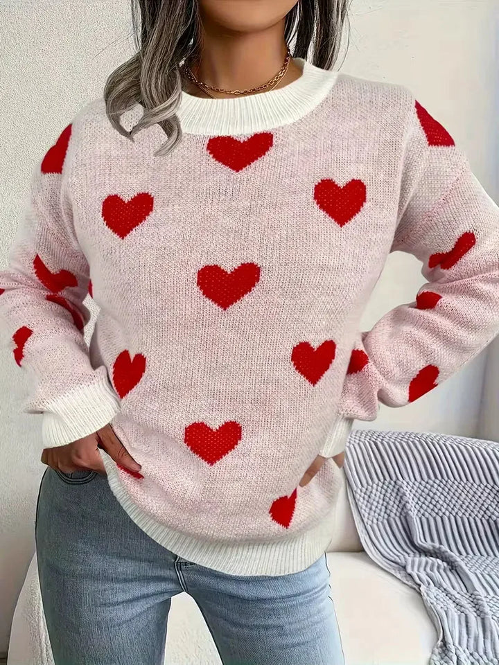 Women's knit crew neck winter sweater with heart pattern