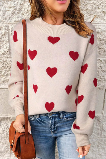 Women's knit crew neck winter sweater with heart pattern