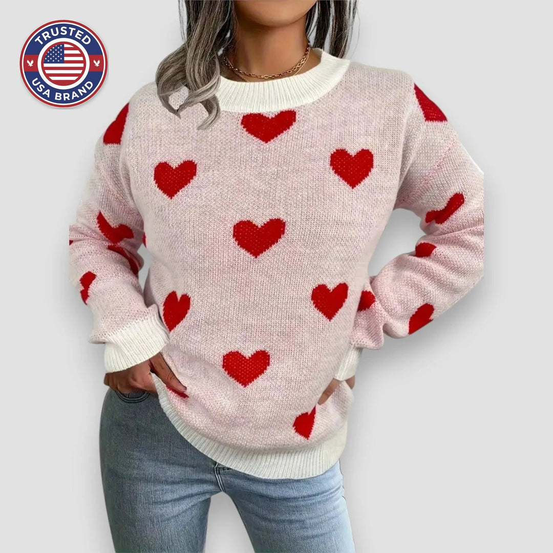 Women's knit crew neck winter sweater with heart pattern