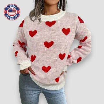 Women's knit crew neck winter sweater with heart pattern