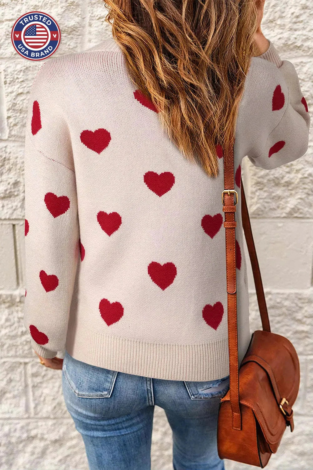 Women's knit crew neck winter sweater with heart pattern