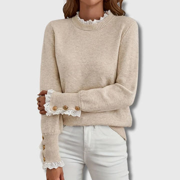 Women's knit crew neck winter sweater with lace trim cuffs buttons